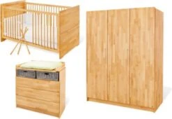 Pinolino Komplett Kinderzimmer Groß NATURA, 3-tlg. (Kinderbett, Wickelkommode Breit Und 3-türiger Kleiderschrank), FSC®-zertifizierte Buche Vollmassiv, Geölt