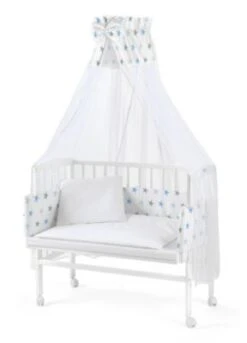 Waldin Baby Beistellbett, Matratze, Stoffset, Buche Massiv, Verstellbar Weiß Lackiert