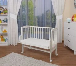 Waldin Baby Beistellbett, Matratze, Stoffset, Buche Massiv, Verstellbar Weiß Lackiert -Baby Lieferungen Geschäft 26453745 03