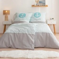 MTOnlinehandel Bettwäsche Maritim Liegeplatz Anker, Gestreift, Biber, 135 X 200 Cm + 80 X 80 Cm, 4tlg.