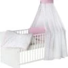 Schardt Komplett Kinderbett Classic White, Herzchen Rosa, 5-tlg. (Kinderbett, Matratze, Himmelstange, Nestchen, Bettwäsche), Buche Massiv, Weiß Lackiert, 70 X 140 Cm