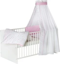 Schardt Komplett Kinderbett Classic White, Herzchen Rosa, 5-tlg. (Kinderbett, Matratze, Himmelstange, Nestchen, Bettwäsche), Buche Massiv, Weiß Lackiert, 70 X 140 Cm